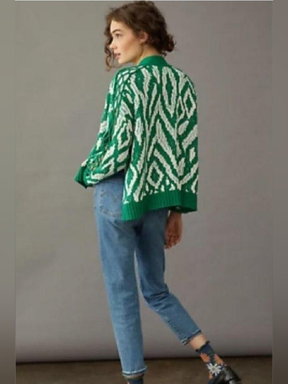 Anthropologie Green and White Open-Front Cardigan Sweater - Picture 3 of 3